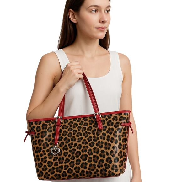 Brighton Leopard Print Tote – Red Croc Trim Shoulder Bag with Heart Charm - Picture 1 of 10